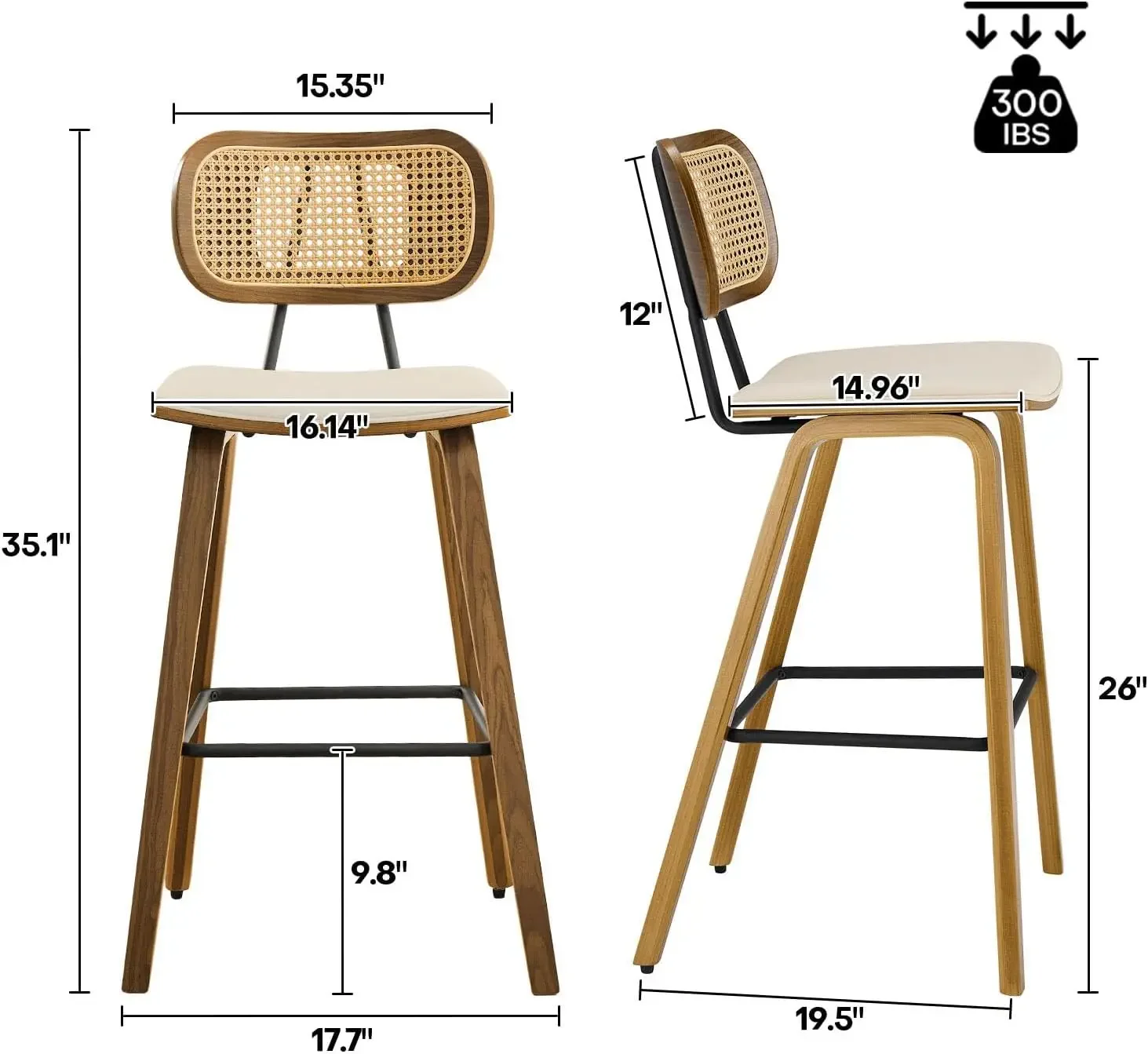 Conjunto de 2 bancos de bar de altura de balcão, bancos de balcão modernos de meados do século, 26 "banco de cozinha de madeira pu estofado em couro wi