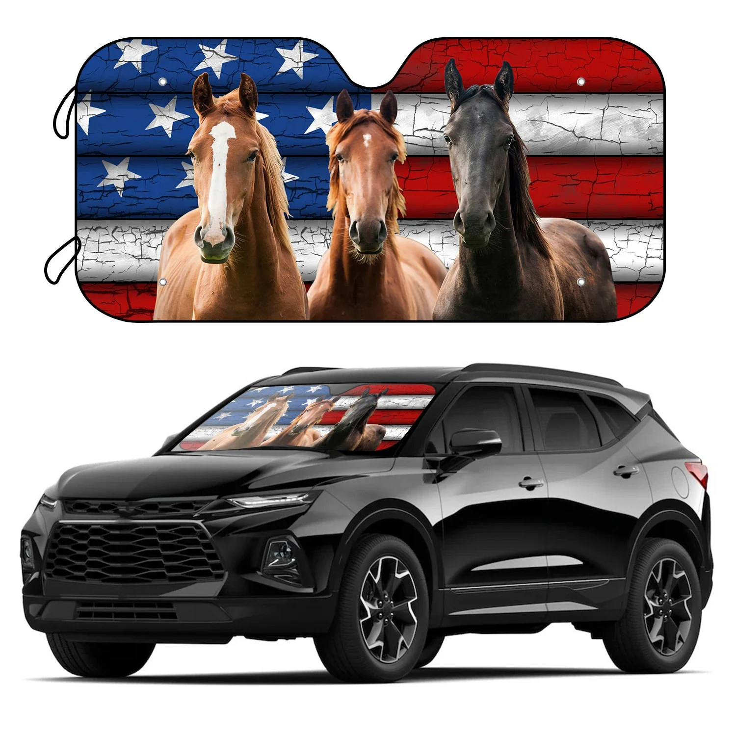 1pc American Flag Horse Car Windshield Sunshade With 4 Free Suction Cups Car Front Window Sunshade Sun Visor Protector Keeps Out