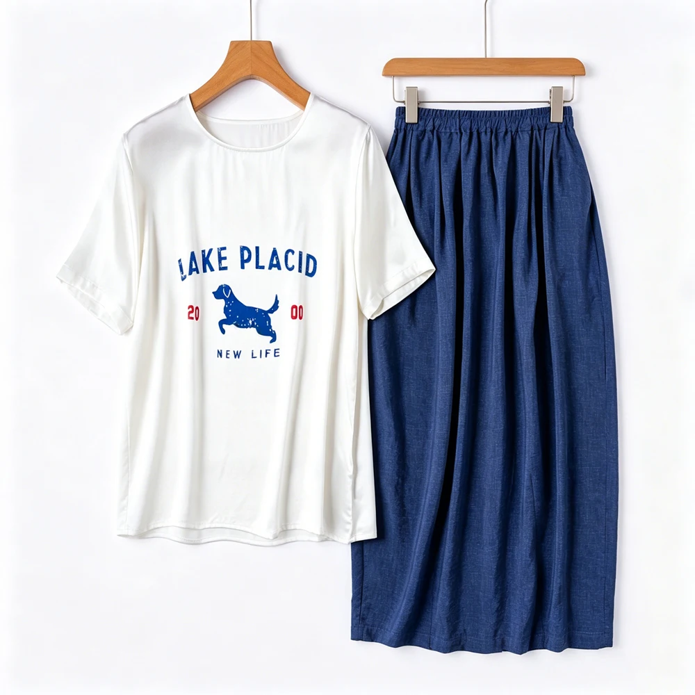 Women's Casual Summer New Cartoon Print Basic Versatile Natural Mulberry Silk Satin Round Neck Short Sleeved T-shirt