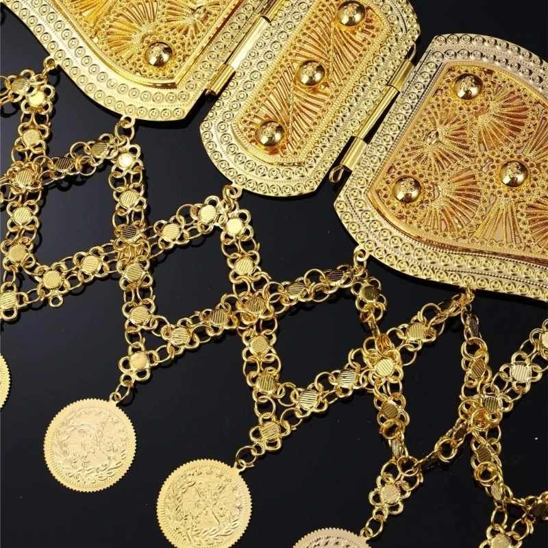 Coin Waist Chain for Women and Men with Layered Dangling Fringe, Embossed Gold-Tone Metal Panels and Adjustable Hook for Y08E