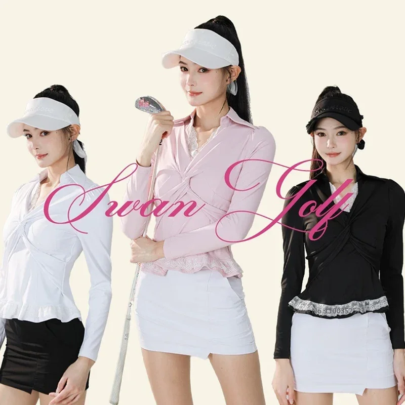 SG 2026 Autumn New Korean Golf Shirts Ruffle Stretch Long Sleeve Polo Shirts V-Neck Lace Elegant Tops Slim Golf Apparel