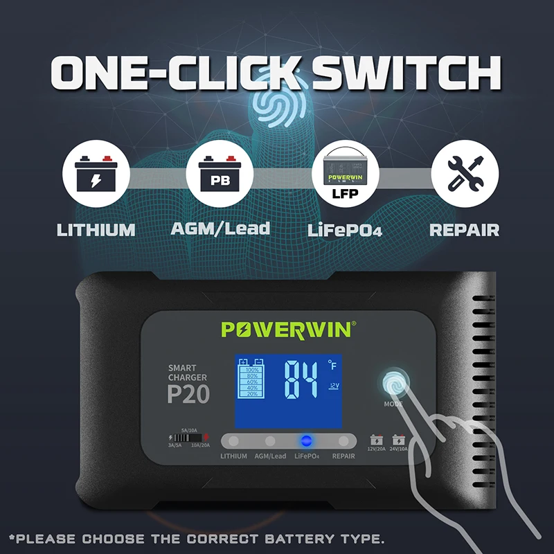 Imagem -03 - Powerwin Bt100 Lifepo4 12v 100ah 1280wh P20 20a 12v20a 24v10a Carregador Inteligente Automático Lcd Agm Chumbo-ácido Lítio Reparo de Pulso