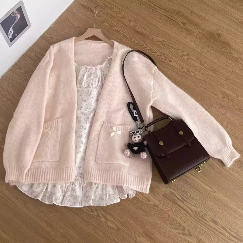 

Женские осенние кардиганы и свитеры в стиле хиппи с карманами, укороченные, с сетчатыми вставками, имитация шерсти, универсальные, с градиентным цветочным принтом, рукава «летучая мышь», для офиса (OL)