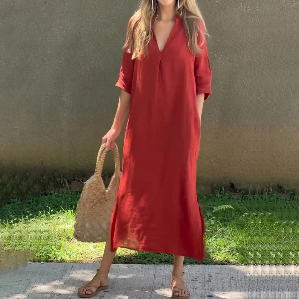 

2024 Women Loose Long Dresses Elegant Vintage Half Sleeve V-neck Three Quarter Sleeve Maxi Dress Holiday Pocket Robes