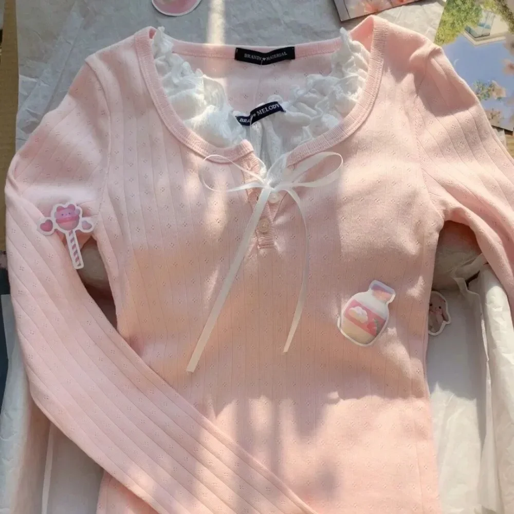 Lolita-T-shirt à manches longues avec nœud patchwork floral pour femme, pull doux, joli preppy japonais, faux deux pièces, rose, doux, fille