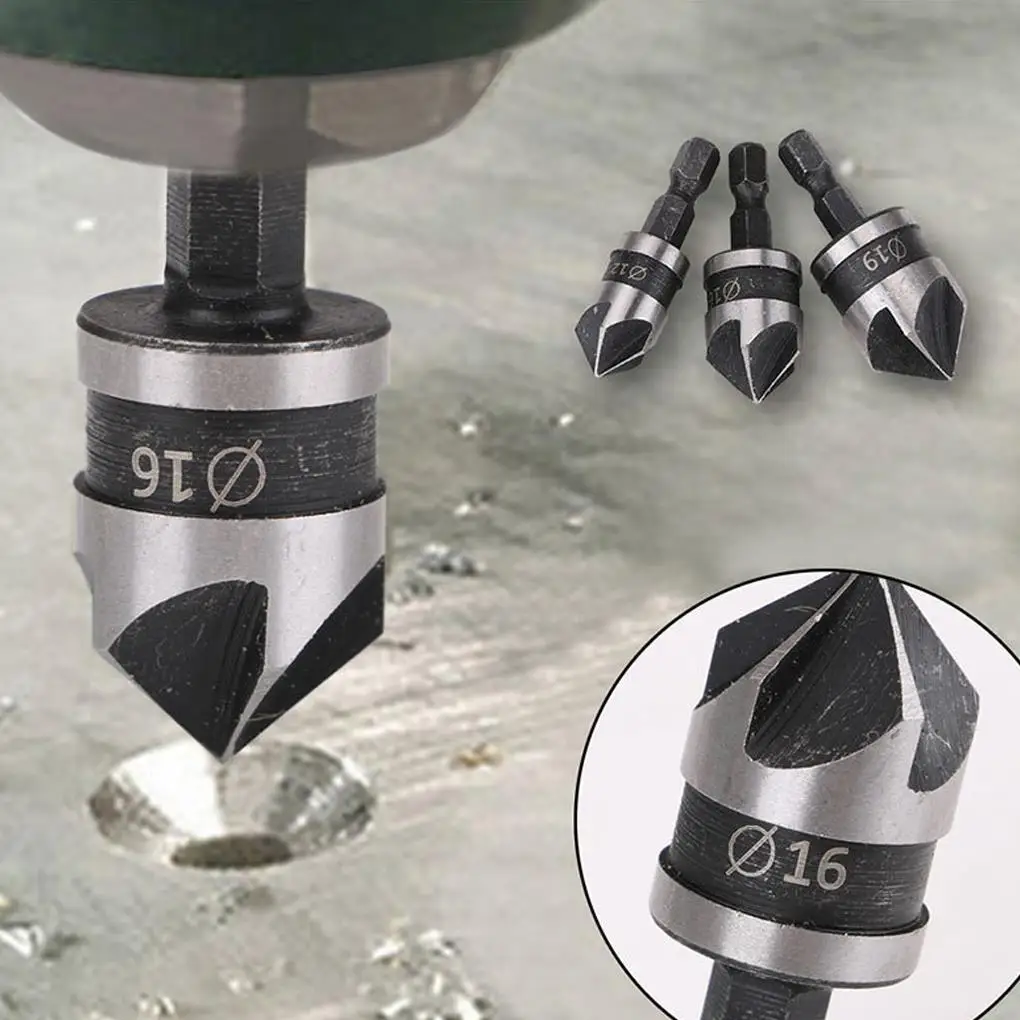 3pcs Chamfer Drill Bit Set Rustproof 12/16/19mm Wear-resistant Countersink Drills Bits Hexagonal Handle Five-edge Chamfers