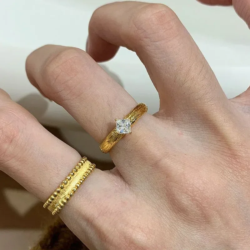 

Vintage elegant square diamond brushed texture rings for women Couple layered style High quality light luxury fine ring jewelry