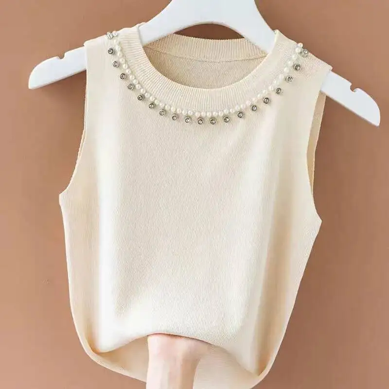 Lucyever Sommer Gestrickte Westen Für Frauen Koreanische Mode Perle Dekoration O Neck Tanks Top Frau Elastische Dünne Ärmelloses T-shirt