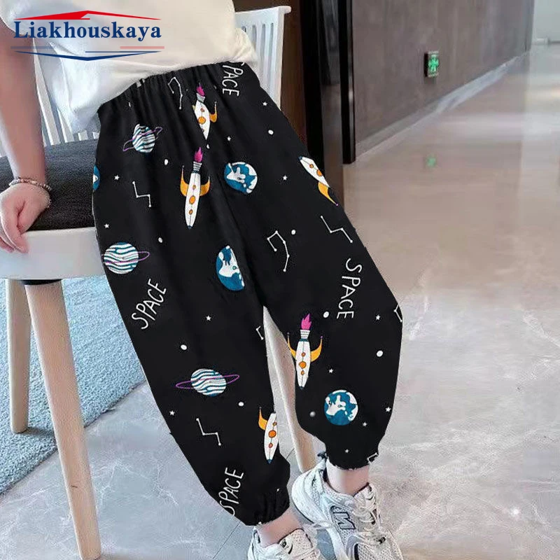 Kids Summer Pants Children'S Polyester Rocket Pattern Trousers Thin Boys And Girls Linen Pant Baby Loose Harem Pants 90-140 cm