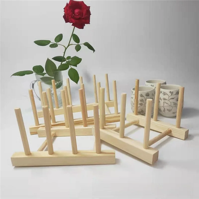 Simple Pine Wood Drain Rack Tea Set Shelf Plate Cup Display Stand Water Drainage Bookshelf Kitchenware Organizer