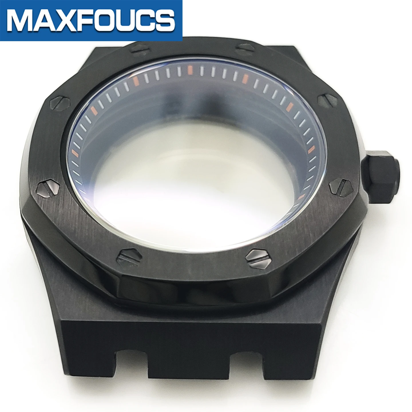 A.P. Stilvolles Uhrengehäuse MOD SKX NH35 NH36 4R36 Schwarze Edelstahlkrone Saphirglas Glänzend/Gebürstet Uhrengehäuse Kundenspezifische Teile – Detail 14