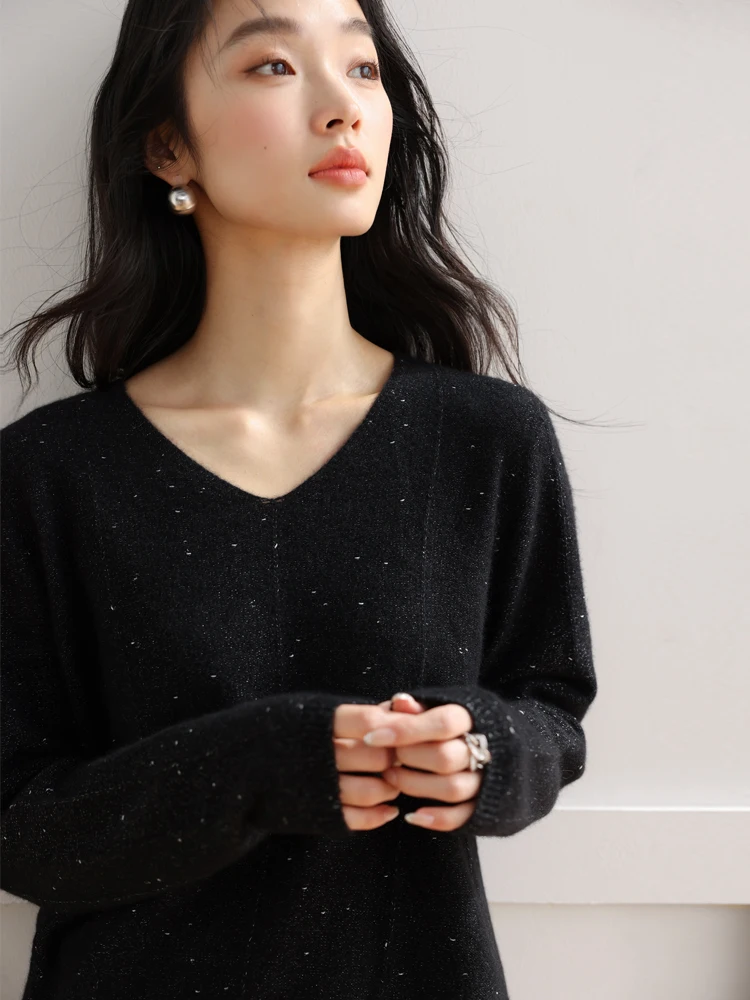 

Женский вязаный свитер Ele Pure Camere с V-образным вырезом, свободного кроя, с длинными рукавами, осенне-зимняя новинка, для офиса и повседневной носки, свободный крой