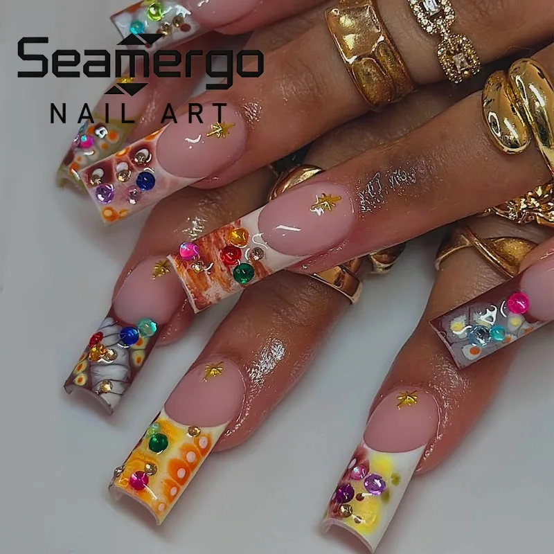 

24PCS Y2k Long Square Fake Nails with Glue Crocodile Texture French Press on Nails with Colorful Diamonds Nail Tips High Quality