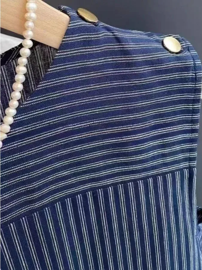 한국 스타일 코튼 린넨 블루 스트라이프 민소매 셔츠 드레스 여성 디자인 여름 느슨한 다목적 조끼 드레스 여성