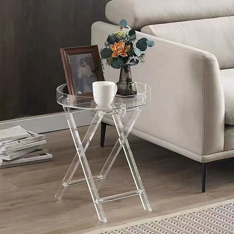 

！@High Transparent Acrylic Coffee Table Round Desktop Living Room Sofa Side Table Balcony Small Coffee Table
