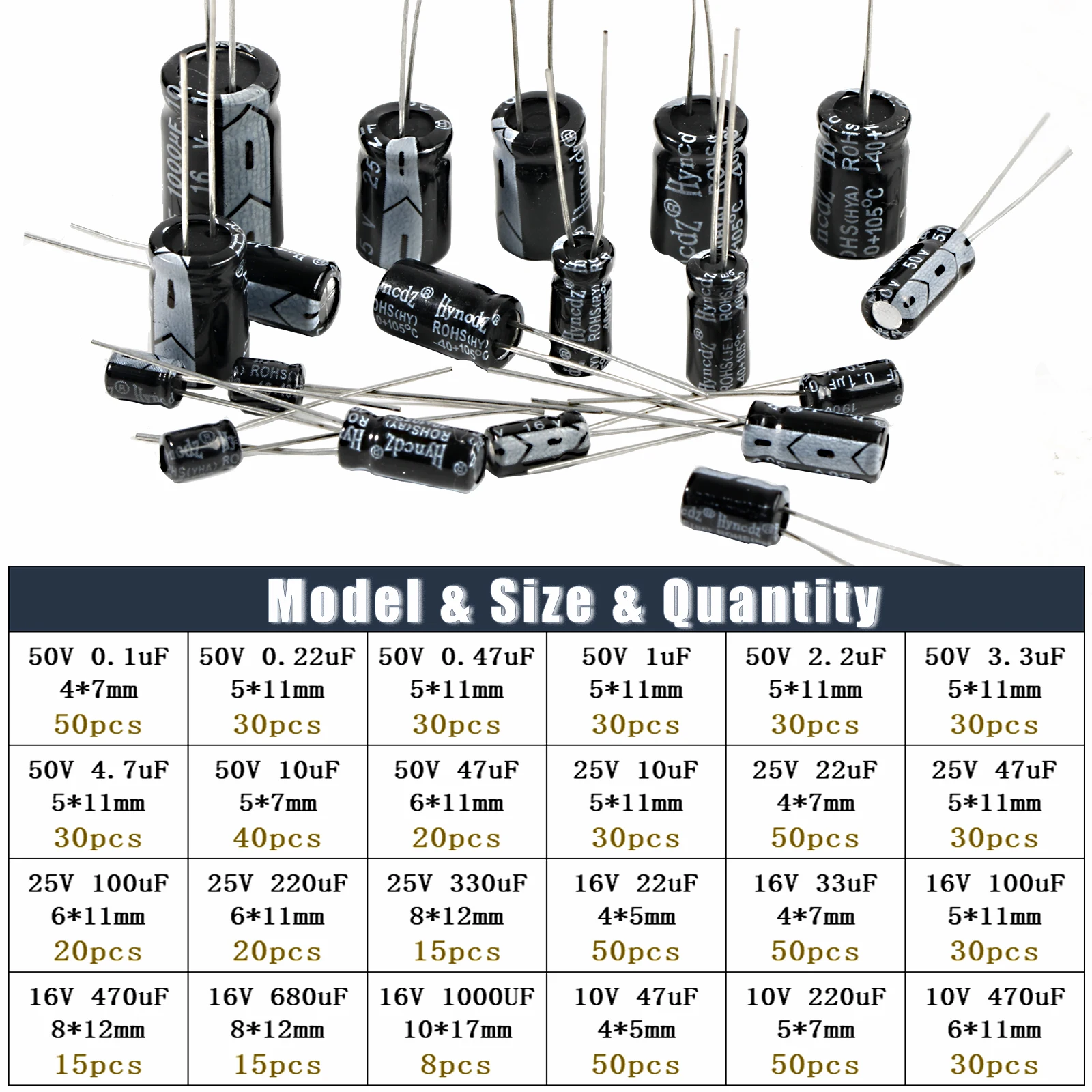 753pcs Kit de sortimento de capacitores eletrolíticos de alumínio 24 valores 10v 16v 25v 50v 0,1uf 1uf 2,2uf 33uf 47uf 220uf 470uf 680uf