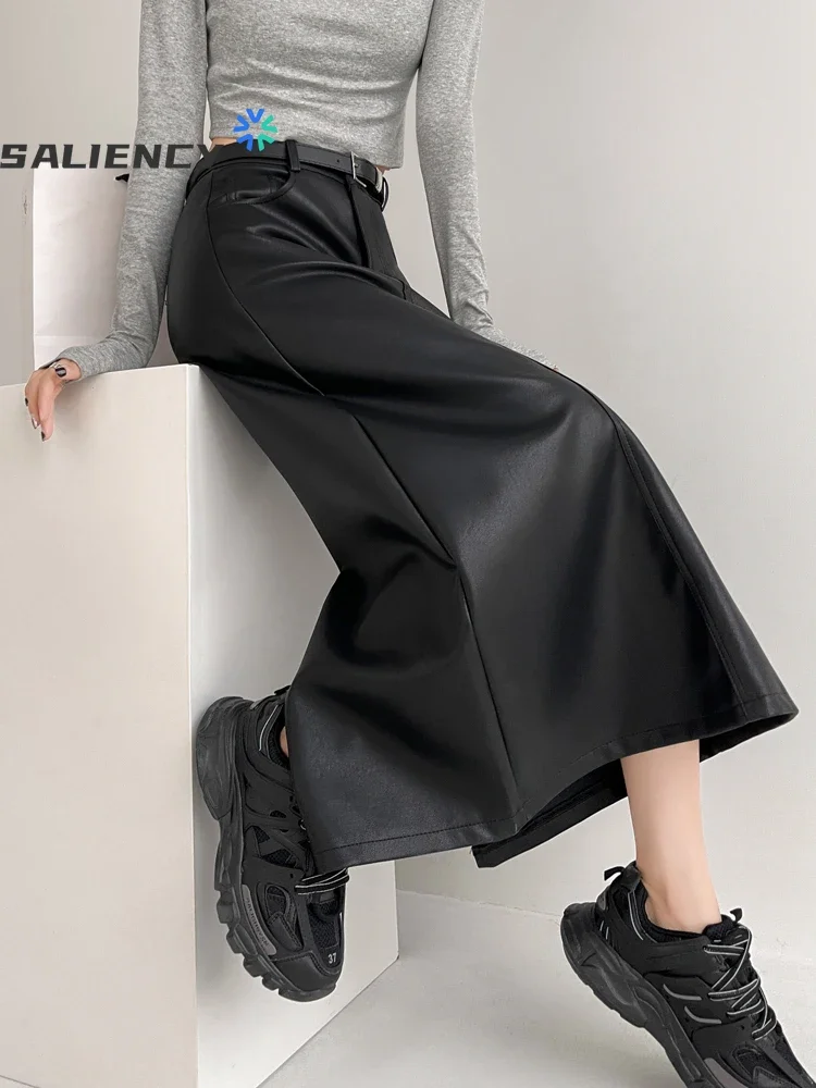 

Black Pu Leather Skirt Female Fall and Winter High Waist Slim One-Step Mid-Length Skirt Split Skirts Goth Costume
