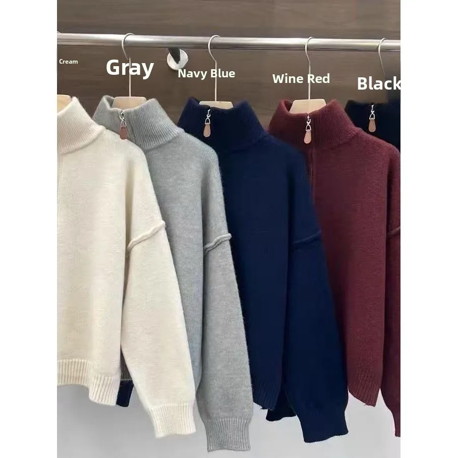 Loose Long Sve Women's Knitted Sweater Autumn Winter Casual f Zip Hoodie Base irt Street Sle Fce Warm Thermal