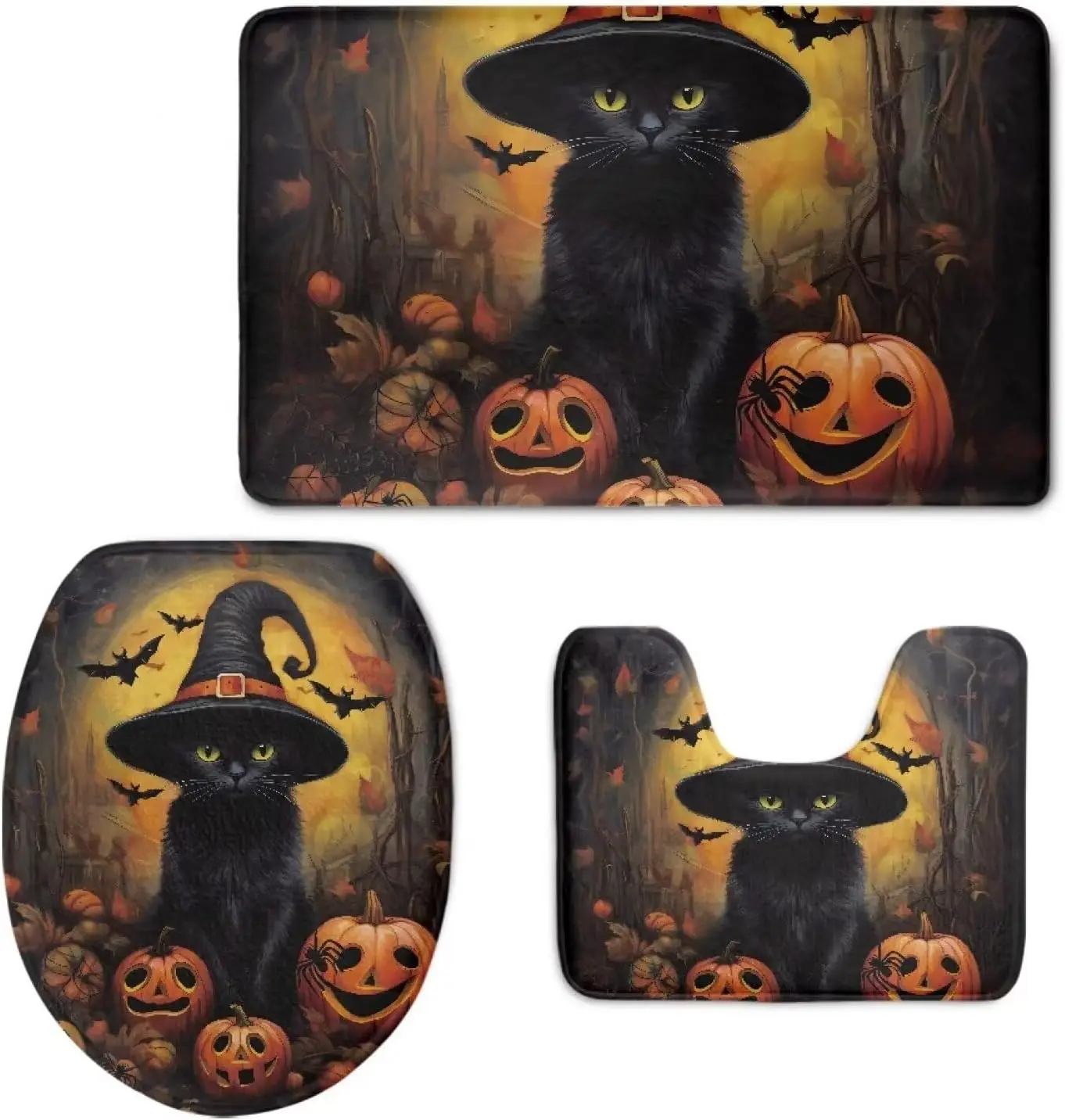 

3 шт., набор для ванной с изображением кошки и тыквы на Хэллоуин, мягкая нескользящая впитывающая U-образная крышка для унитаза + крышка, моющийся черный тематический декор