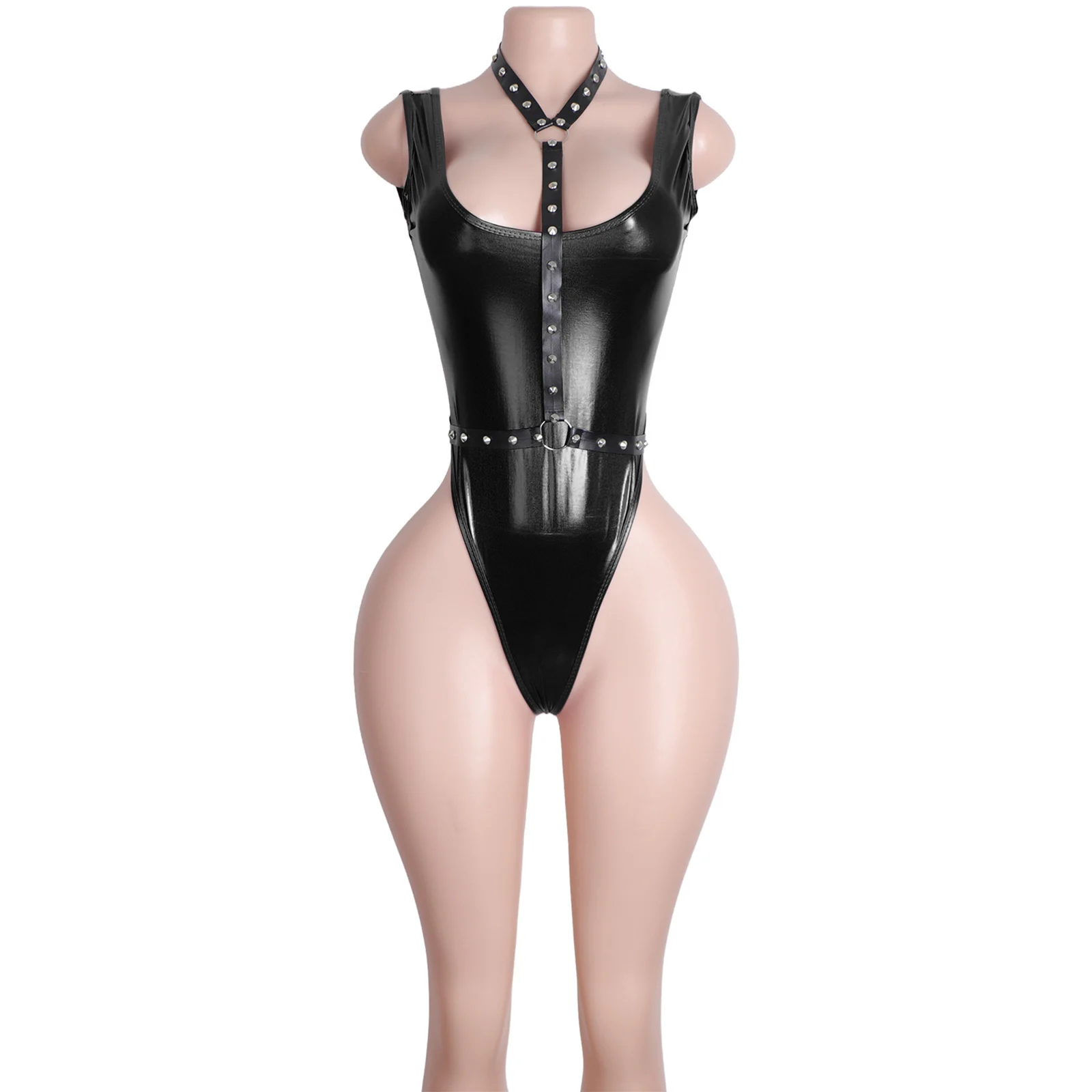 

Patent Leather Thong Set Belt Buckle Lingerie Bodysuit Sexy Clubwear Women Jumpsuit Exotic Dancewear Performance Dress