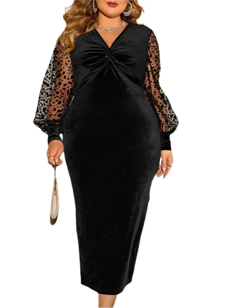 Vestido Midi de Malha Retalhos Manga Longa Feminina, Sexy Decote V Vestidos Femininos, Bodycon Fino, Moda Verão, Plus Size