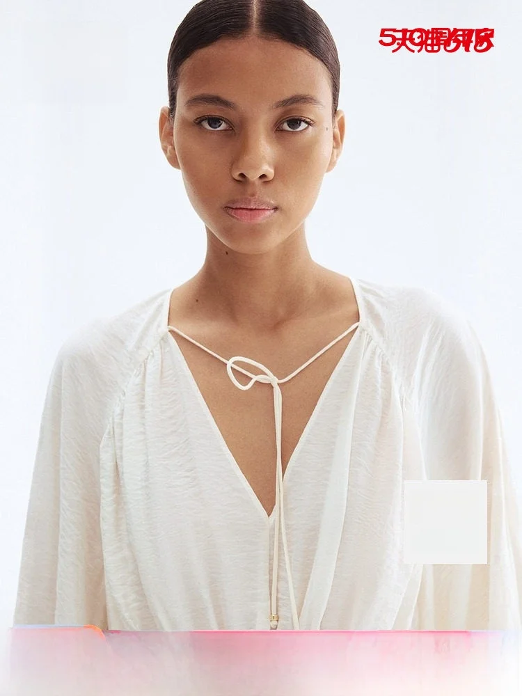 

H&M Summer Women's Shirt Pleated Loose Fit Long Sleeve V-Neck Casual Style Regular Length Lantern Sleeve Pure Color