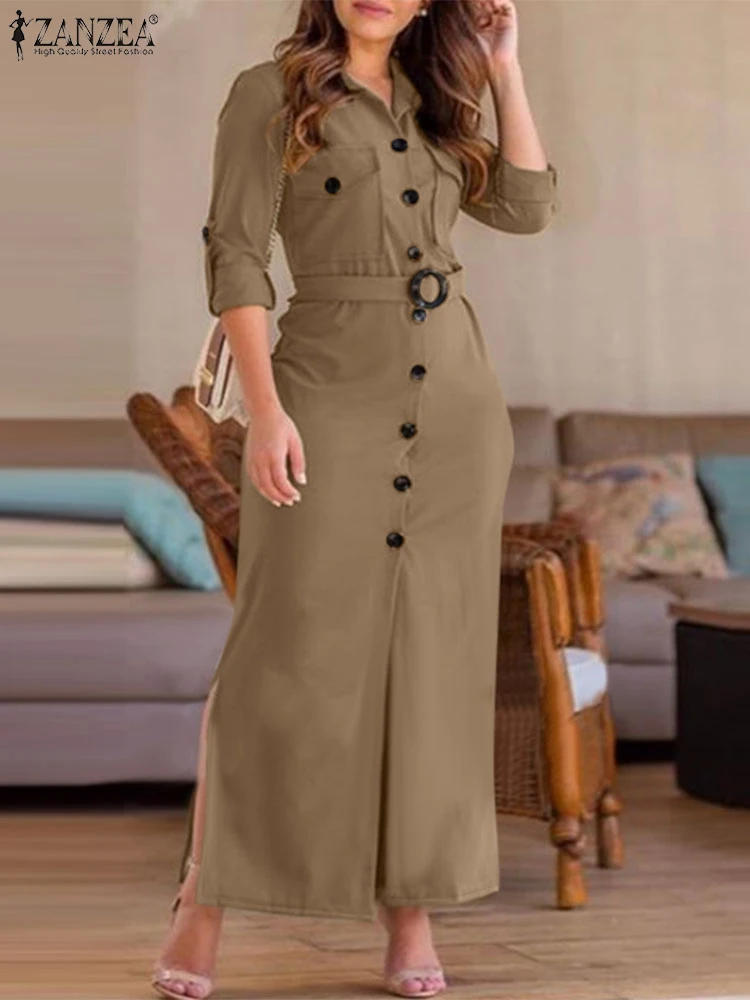 ZANZEA Turn-down Collar Fashion 2024 Shirtdress Commute Long Sleeve Streetwear Side Slit Maxi Dress Autumn Belted Cargo Vestidos