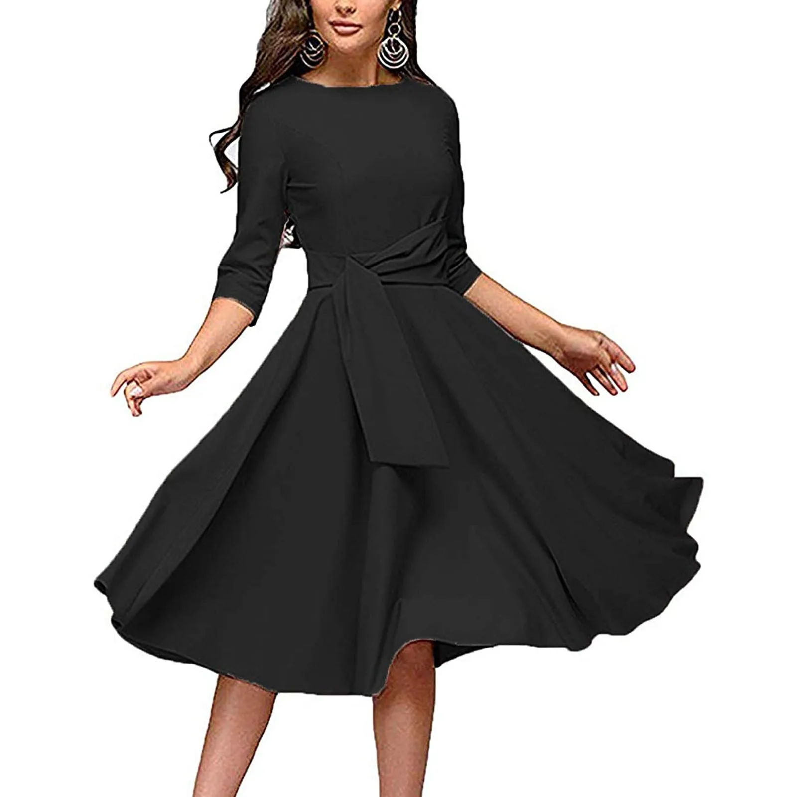 

Elegant Dresses 3/4 Ruched Sleeve Crew Neck Women A-line Swing Midi Dress Solod Color Big Bow Belt Princess Dress Summer Party