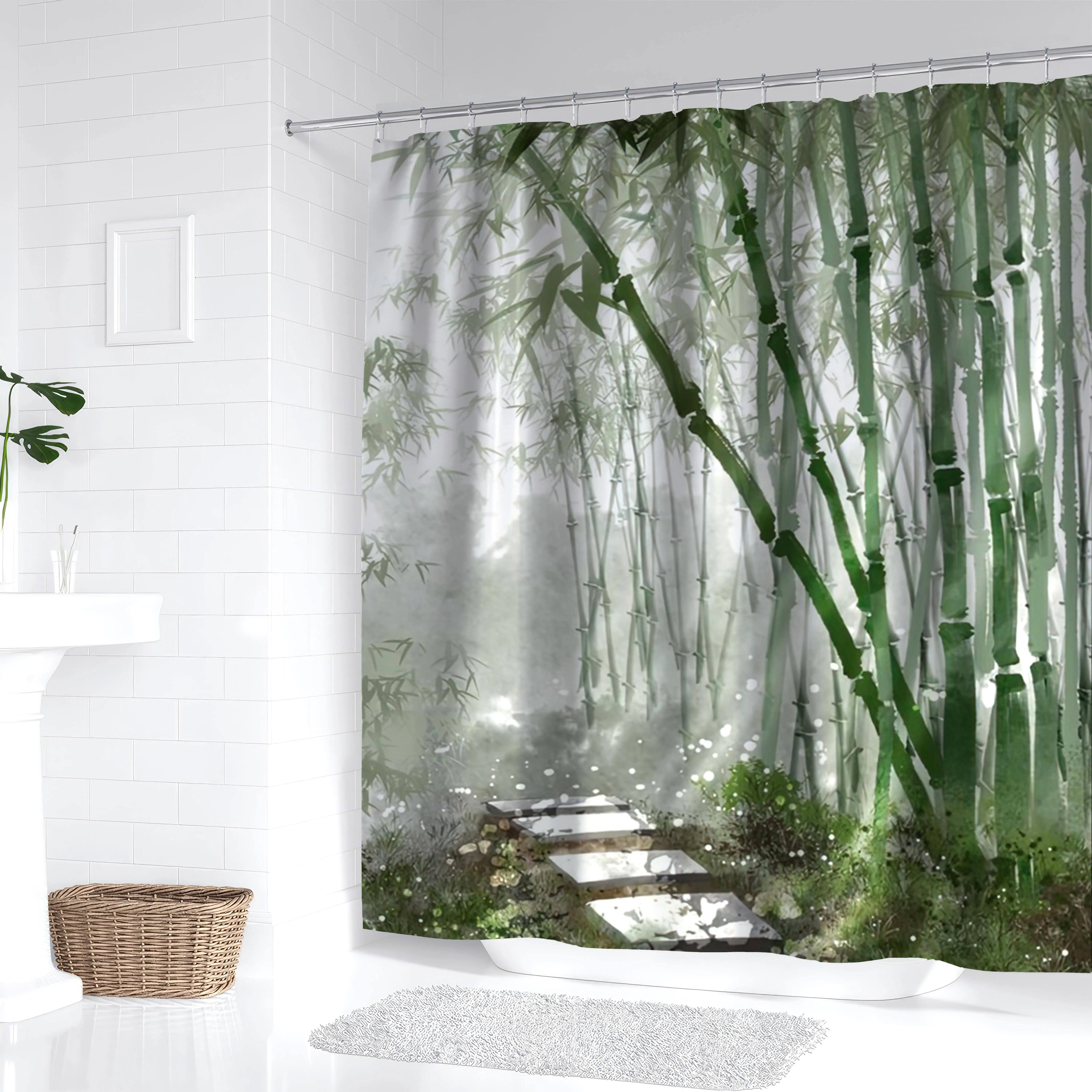 1pc Shower Curtain - Lush Green Bamboo Forest with Dappled Sunlight, Perfect for Bathroom Decoration, Bringing the Tranquil