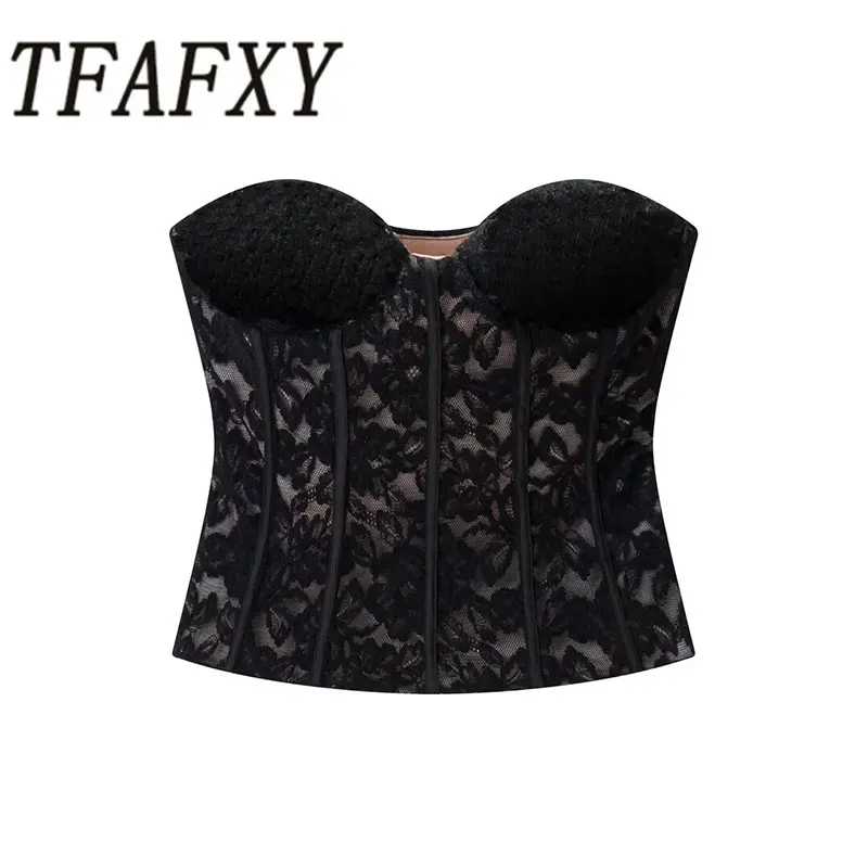 TFAFXY 2026 Sexy Chic Schwarz Spitze Party Tops Trägerlose weste Kurze Abend Club Korsett Tops Mode Y2K Mädchen Streetwear Tops