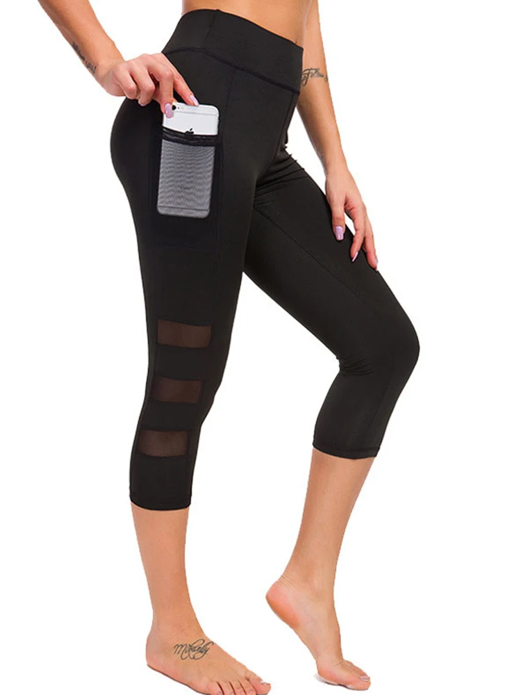 Pantaloni sportivi Capri da corsa per yoga al polpaccio pantaloni sportivi da donna Fitness Gym legging a vita alta ragazza maglia nera 3/4