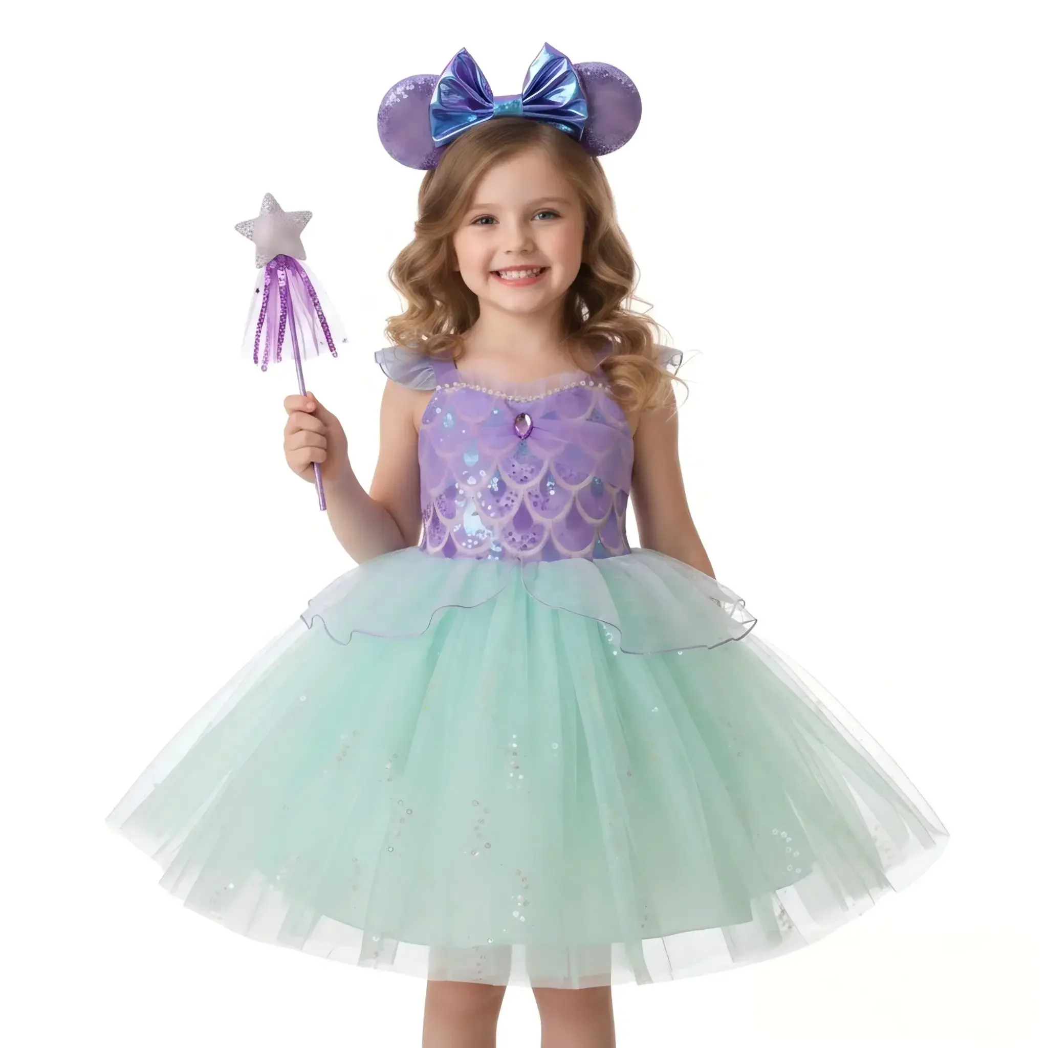 Mädchen Pailletten-Meerjungfrauen-Mesh-Kleid für Halloween, Karneval, Geburtstag, Cosplay, Prinzessinnen-Outfit – Detail 4