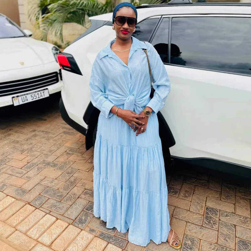 

New African Fashion Elegant Women Two Piece Dress Set Full Sleeve Single Breasted Shirt Top And Pleated Skirt Set