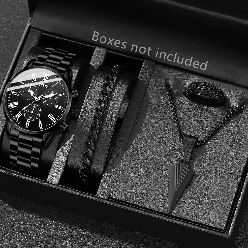 Business Men 4Pcs Jewelry Set Black Roman Dial Quartz Watch Spear Necklace Chain Bracelet Band Ring Daily Wear Accessories