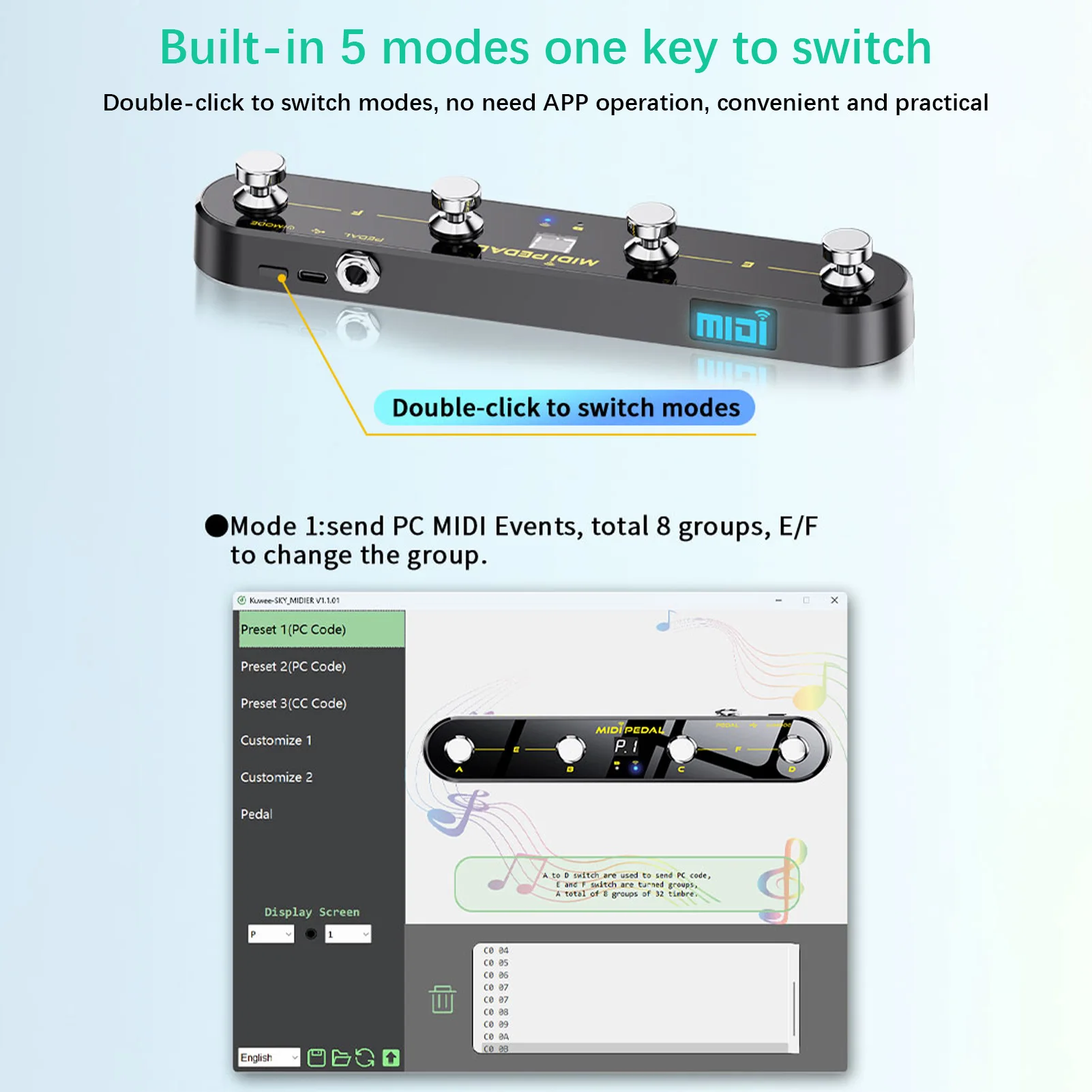 Drahtloses MIDI-Controller-Pedal, 5 Modi, Digitalanzeige, 25 Stunden, USB-Fußschalter, Metallschalter, kabelloser Empfänger für Mixer, elektrische Gu