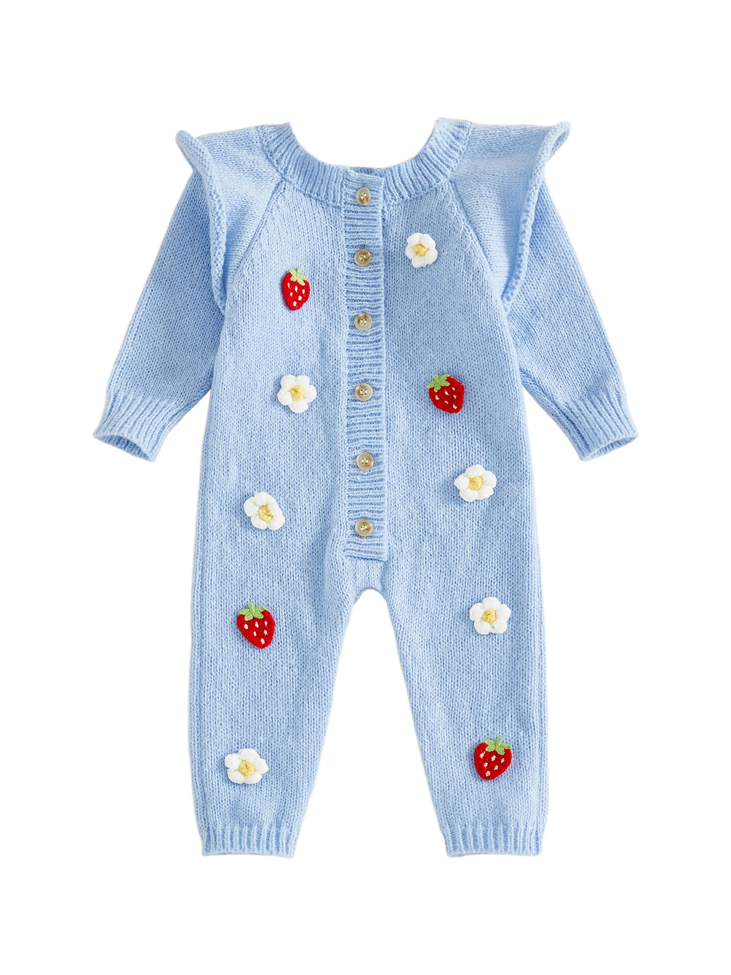 بدلة قفز محبوكة بأكمام طويلة ورقبة دائرية وأزرار سفلية مع ديكور زهرة الفراولة الكروشيه