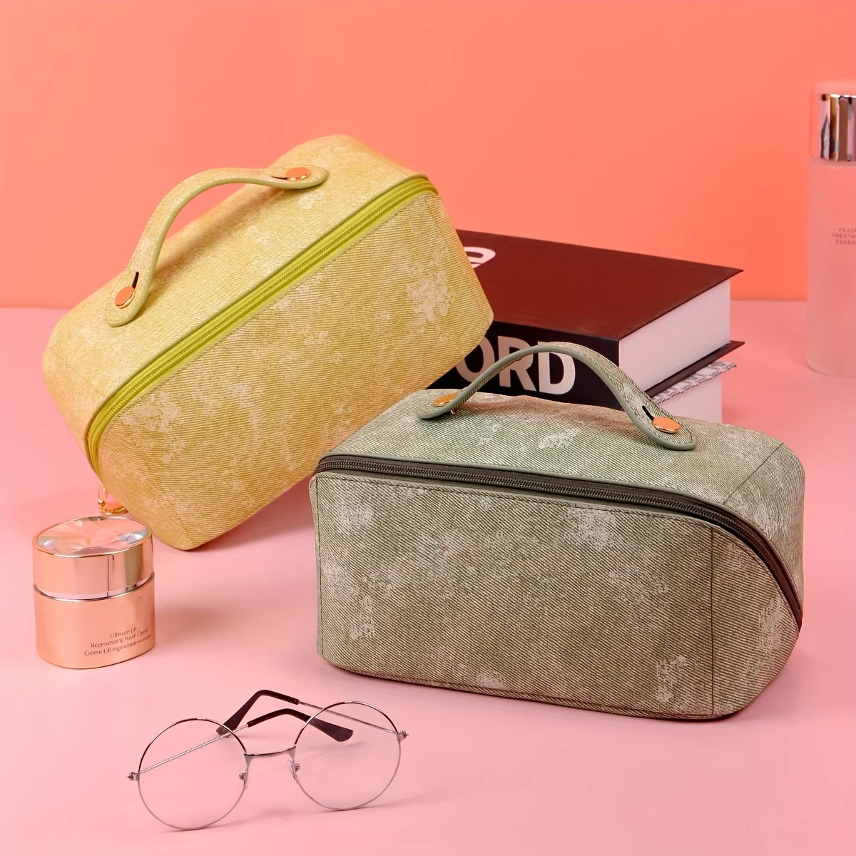 Borsa per il trucco da viaggio, borse per cosmetici di grande capacità per le donne, borsa per il trucco piatta aperta con custodia portatile