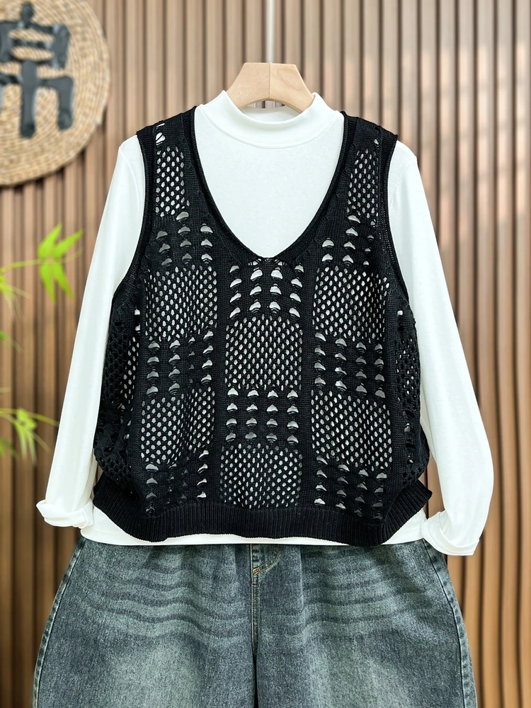 

Simple Early Autumn Hollow out Knitted Vest Women's Svel Tank Top Loose plus Size oulder Sweater ort Sle Cotton 00%