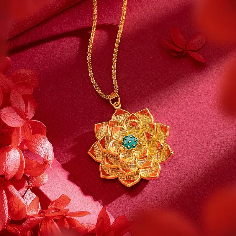 

9999 Real Gold 24K Ethnic Style Retro Enamel Large Lotus Female Pendant, Gold Filigree Silk Burnt Blue Lotus Lotus Necklace