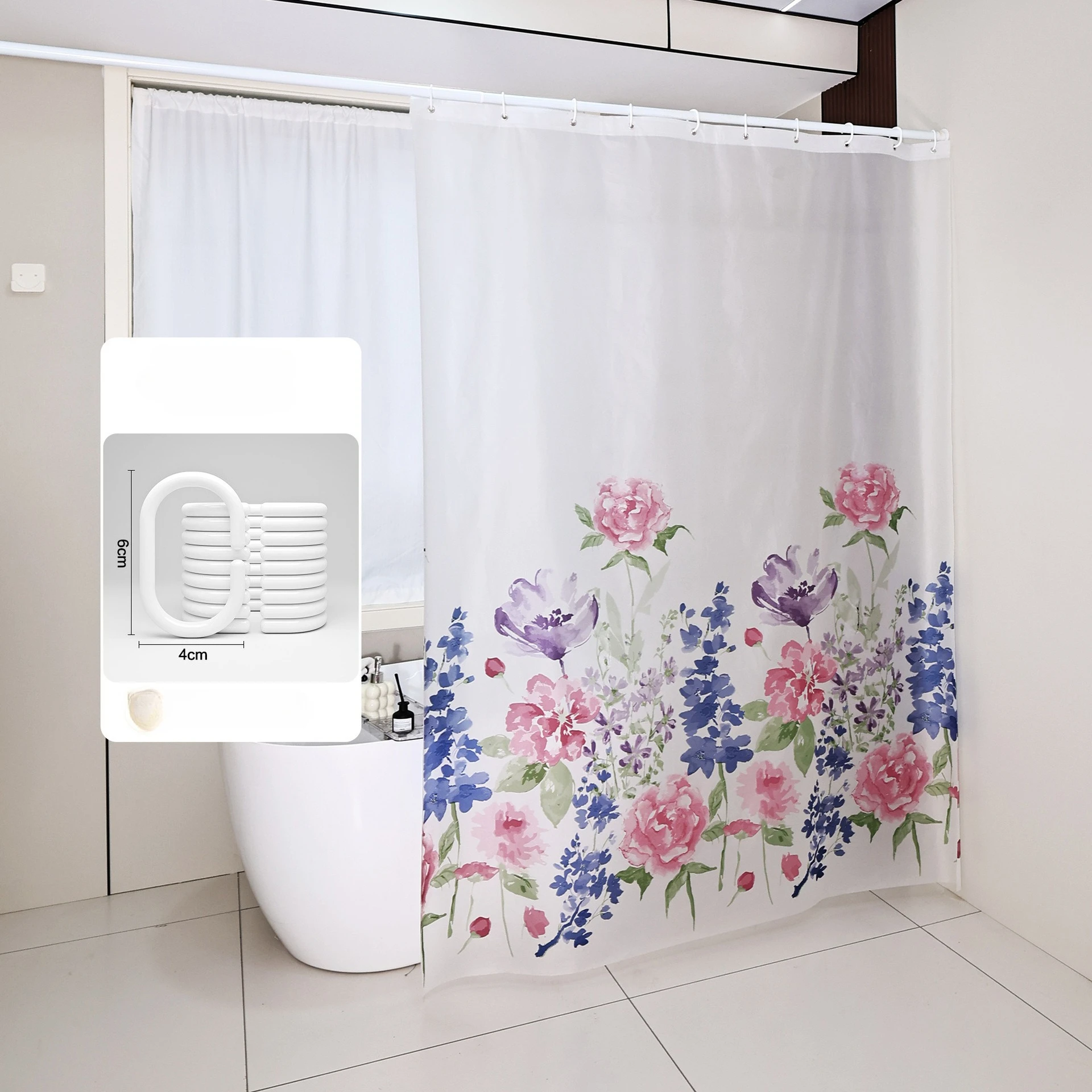 Shower Curtains Floral Painting Print Bathroom Curtain Peva Fabric Water Resistant Transparent Classic Style with Hooks 200cm