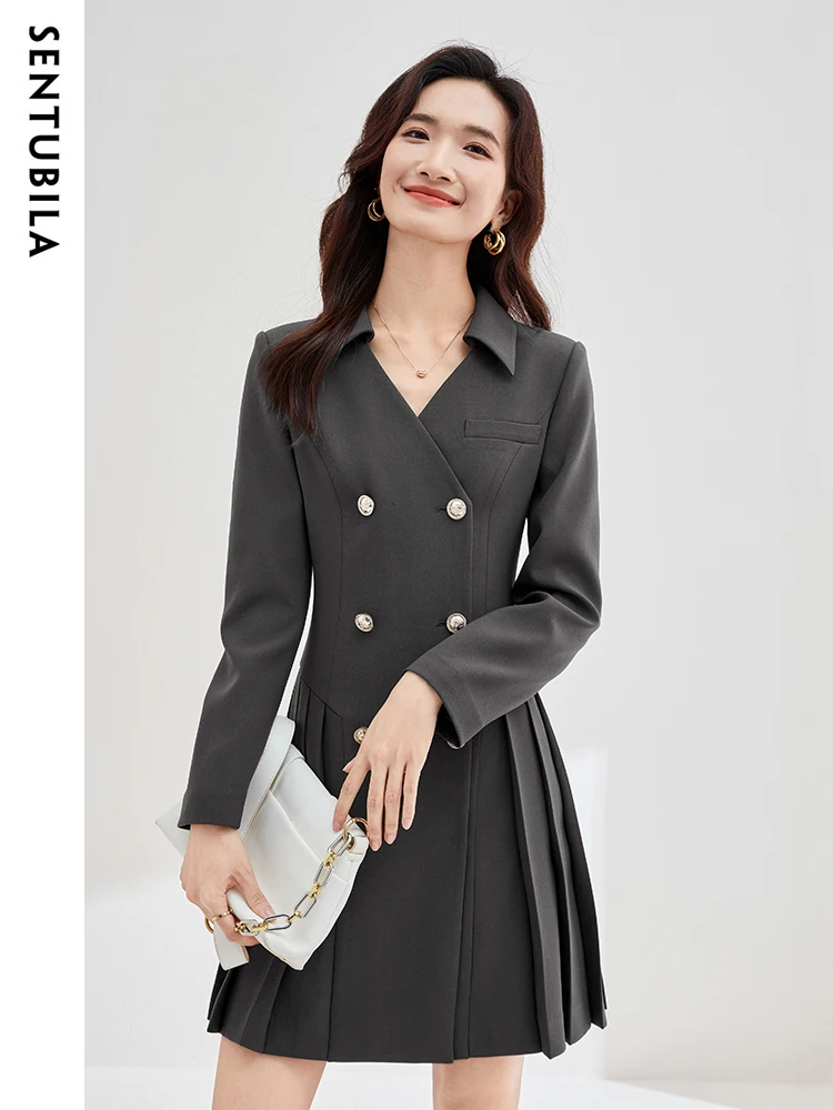 SENTUBILA Elegant Pleated Blazer Dresses for Women 2024 Spring Autumn Office Ladies Double Breasted Mini Dress Woman 133L52256