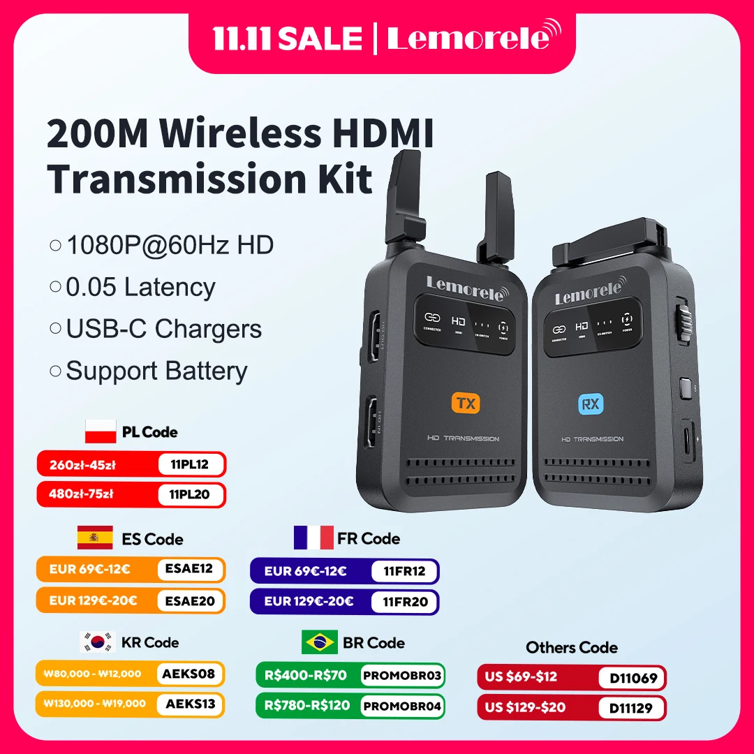 

Lemorele Wireless HDMI Transmitter Receiver 200M Video Transceiver 1080P Hdmi Extender Adapter For Camera Laptop Support Battery