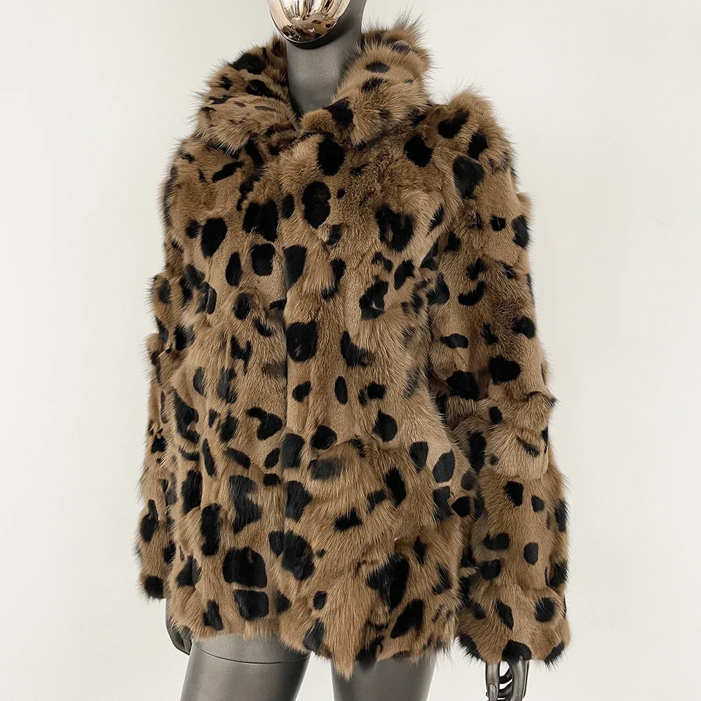 Women Luxurious One-piece Genuine Fur Leopard Print Coat Customized Natural Fox Fur Jacket Winter Real Fur Coat Autumn Fashion
