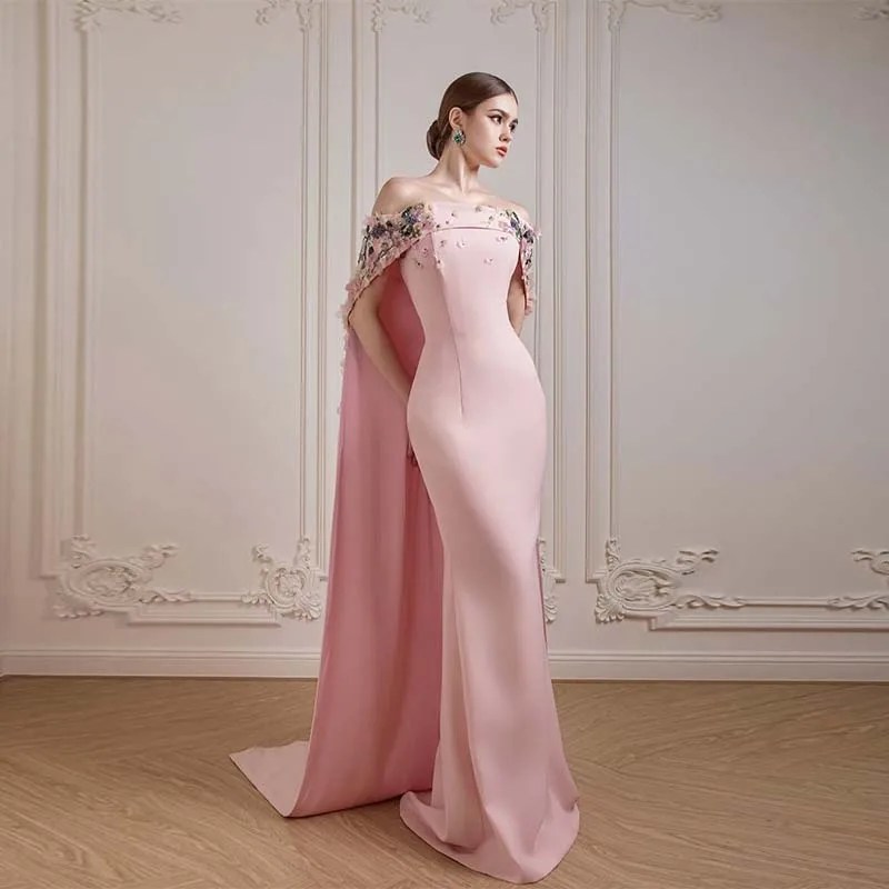 

L548 Customized Off The Shoulder Pink Crepe Beaded Flowers Mermaid vestidos de fiesta فساتين سهره evening dresses