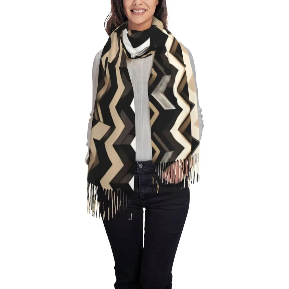 

Черно-белый коричневый женский шарф с зигзагообразным принтом и бахромой, мягкий легкий шарф из полиэстера с кисточками, осенне-зимняя мода