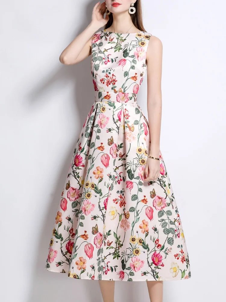New Fashion Women Dresses 2025 Summer Sleeveless Party Dress Print A Line Maxi Long Vestidos Office Woman Sundress Robe Femme