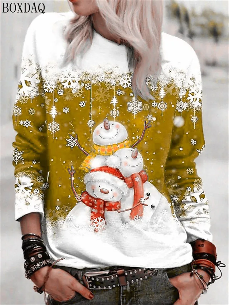 Cartoon Christmas Snowman Women Long Sleeve T-shirts Autumn Winter Christmas Style Streetwear Ladies Tees 3D Print Casual Tops