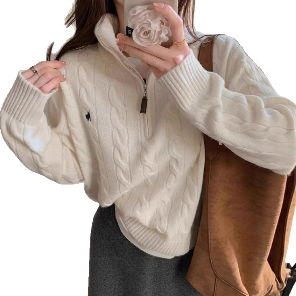 

Утолщенный свитер в Корейском стиле с вышивкой и высоким воротником на молнии, осень-зима, повседневный универсальный женский вязаный топ