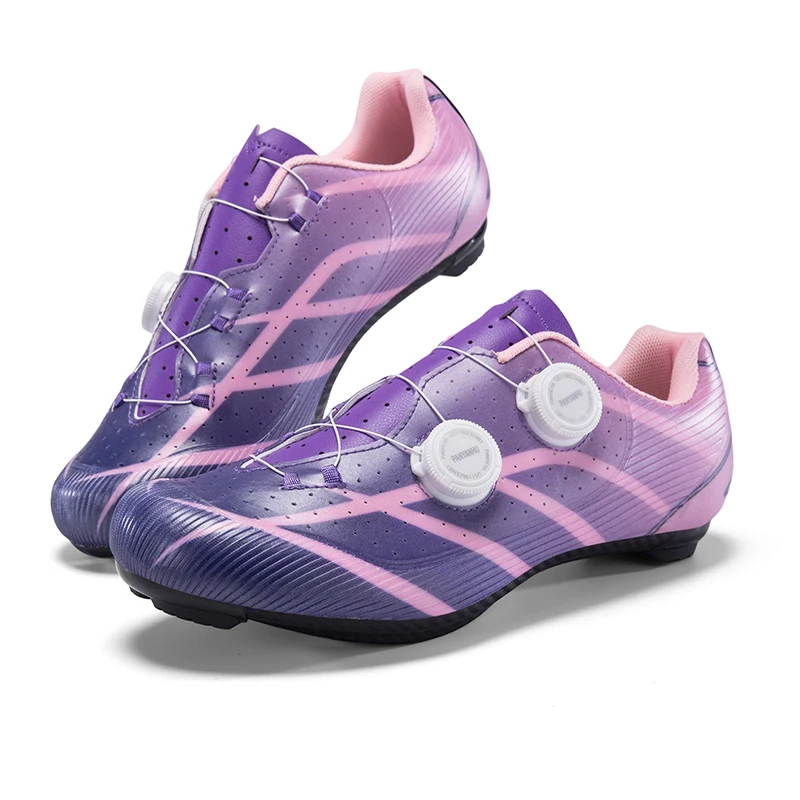Chaussures de cyclisme sur route à laçage rapide, colorées violettes, pour hommes et femmes, en nylon, pour le cyclisme en extérieur