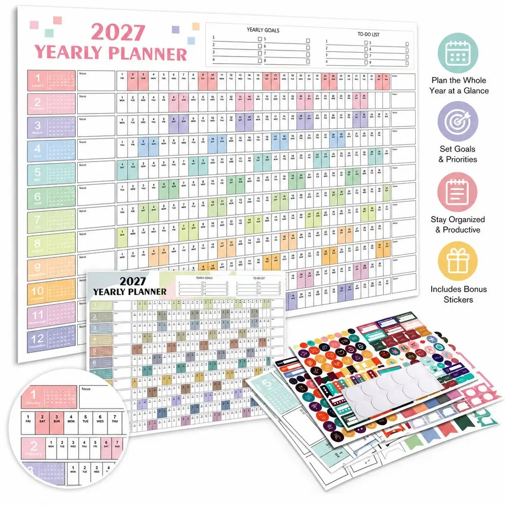 Paper 2027 Wall Calendar Multicolor Layout To Do List Schedule Calendar Planner Sheet Writable Planning Grid Agenda Organizer